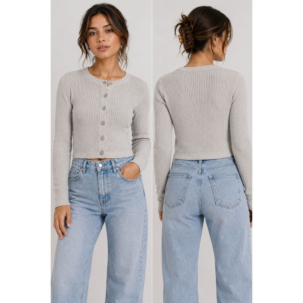 American Eagle Women’s S Gray Cropped Button Front Cardigan Ribbed Knit